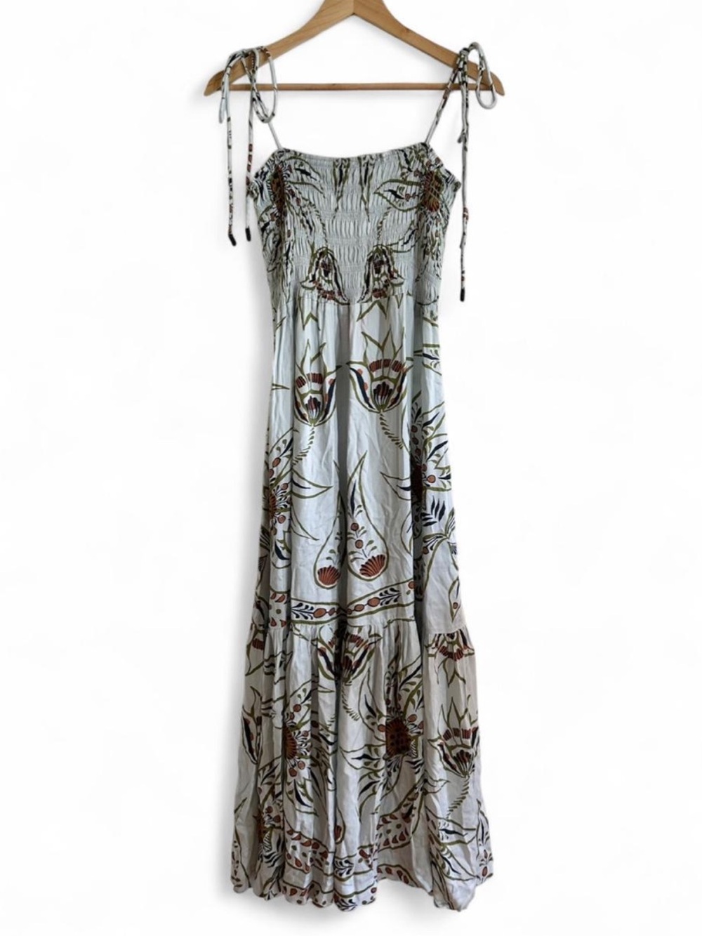 NWT Omika Adley Blue Maxi Dress M Floral Smocked Resort Coastal Boho Luxury - Picture 2 of 8